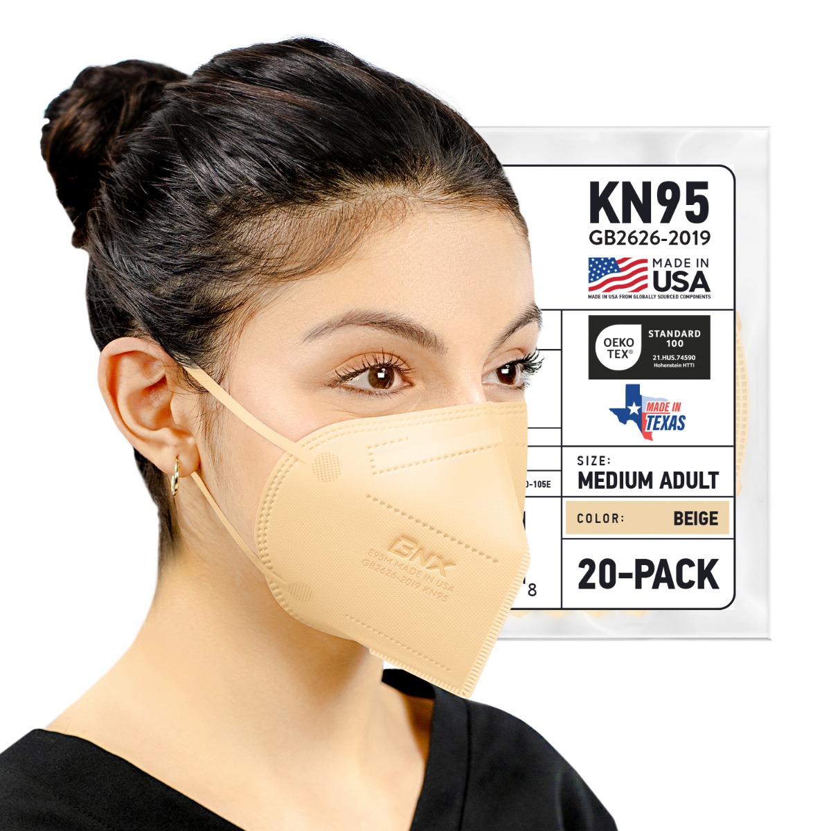 BNX 20-Pack KN95 E95M Protective Face Mask, Disposable Particulate Mask Made in USA, Protection Against Dust, Pollen and Haze, Beige (20 Pack) (Earloop) (Model: E95M) Size: Adult Medium