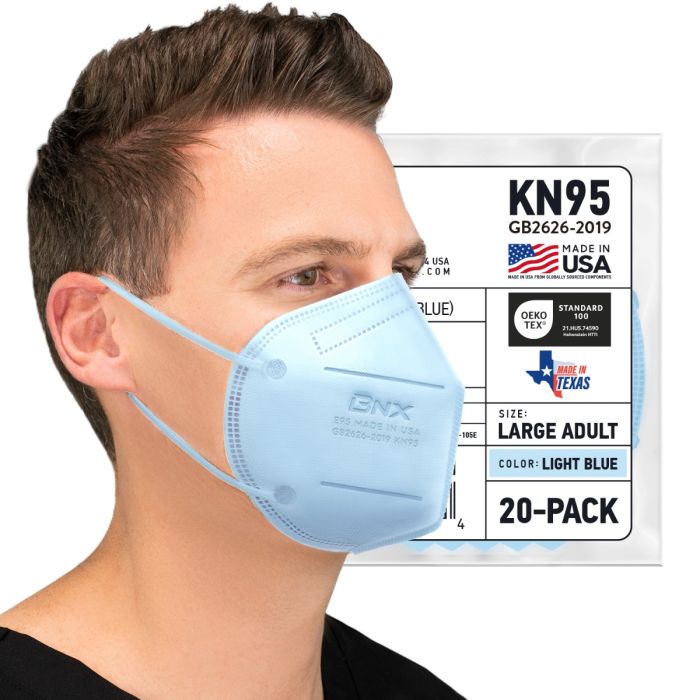 BNX 20-Pack KN95 E95 Protective Face Mask, Disposable Particulate Mask Made  in USA, Protection Against Dust, Pollen and Haze, Light Blue (20 Pack) 