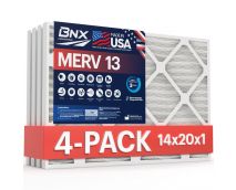BNX 14x20x1 MERV 13 Pleated Air Filter - Made in USA - Electrostatic Charged HVAC AC Furnace Filters - Removes Pollen, Mold, Bacteria, Smoke (4 Pack)