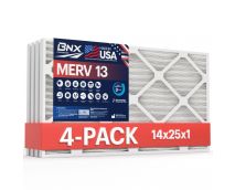 BNX 14x25x1 MERV 13 Pleated Air Filter - Made in USA - Electrostatic Charged HVAC AC Furnace Filters - Removes Pollen, Mold, Bacteria, Smoke (4 Pack)