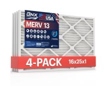 BNX 16x25x1 MERV 13 Pleated Air Filter - Made in USA - Electrostatic Charged HVAC AC Furnace Filters - Removes Pollen, Mold, Bacteria, Smoke (4 Pack)