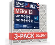 BNX 20x20x1 MERV 13 Pleated Air Filter - Made in USA - Electrostatic Charged HVAC AC Furnace Filters - Removes Pollen, Mold, Bacteria, Smoke (3 Pack)
