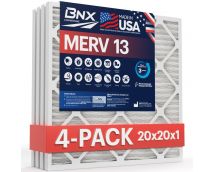 BNX 20x20x1 MERV 13 Pleated Air Filter - Made in USA - Electrostatic Charged HVAC AC Furnace Filters - Removes Pollen, Mold, Bacteria, Smoke (4 Pack)