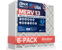 BNX TruFilter 20x20x1 Air Filter MERV 13 (6-Pack) - MADE IN USA - Electrostatic Pleated Air Conditioner HVAC AC Furnace Filters for Allergies, Pollen, Mold, Bacteria, Smoke, Allergen, MPR 1900 FPR 10