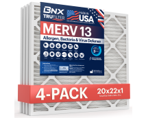 BNX TruFilter 20x22x1 Air Filter MERV 13 (4-Pack) - MADE IN USA - Electrostatic Pleated Air Conditioner HVAC AC Furnace Filters for Allergies, Pollen, Mold, Bacteria, Smoke, Allergen, MPR 1900 FPR 10