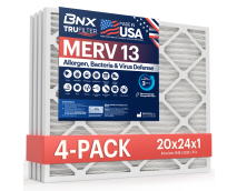 BNX TruFilter 20x24x1 Air Filter MERV 13 (4-Pack) - MADE IN USA - Electrostatic Pleated Air Conditioner HVAC AC Furnace Filters for Allergies, Pollen, Mold, Bacteria, Smoke, Allergen, MPR 1900 FPR 10