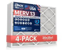 BNX TruFilter 20x25x1 MERV 13 Pleated Air Filter - Made in USA - Electrostatic Charged HVAC AC Furnace Filters - Removes Pollen, Mold, Bacteria, Smoke (4 Pack)