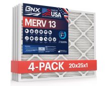 BNX 20x25x1 MERV 13 Pleated Air Filter - Made in USA - Electrostatic Charged HVAC AC Furnace Filters - Removes Pollen, Mold, Bacteria, Smoke (4 Pack)